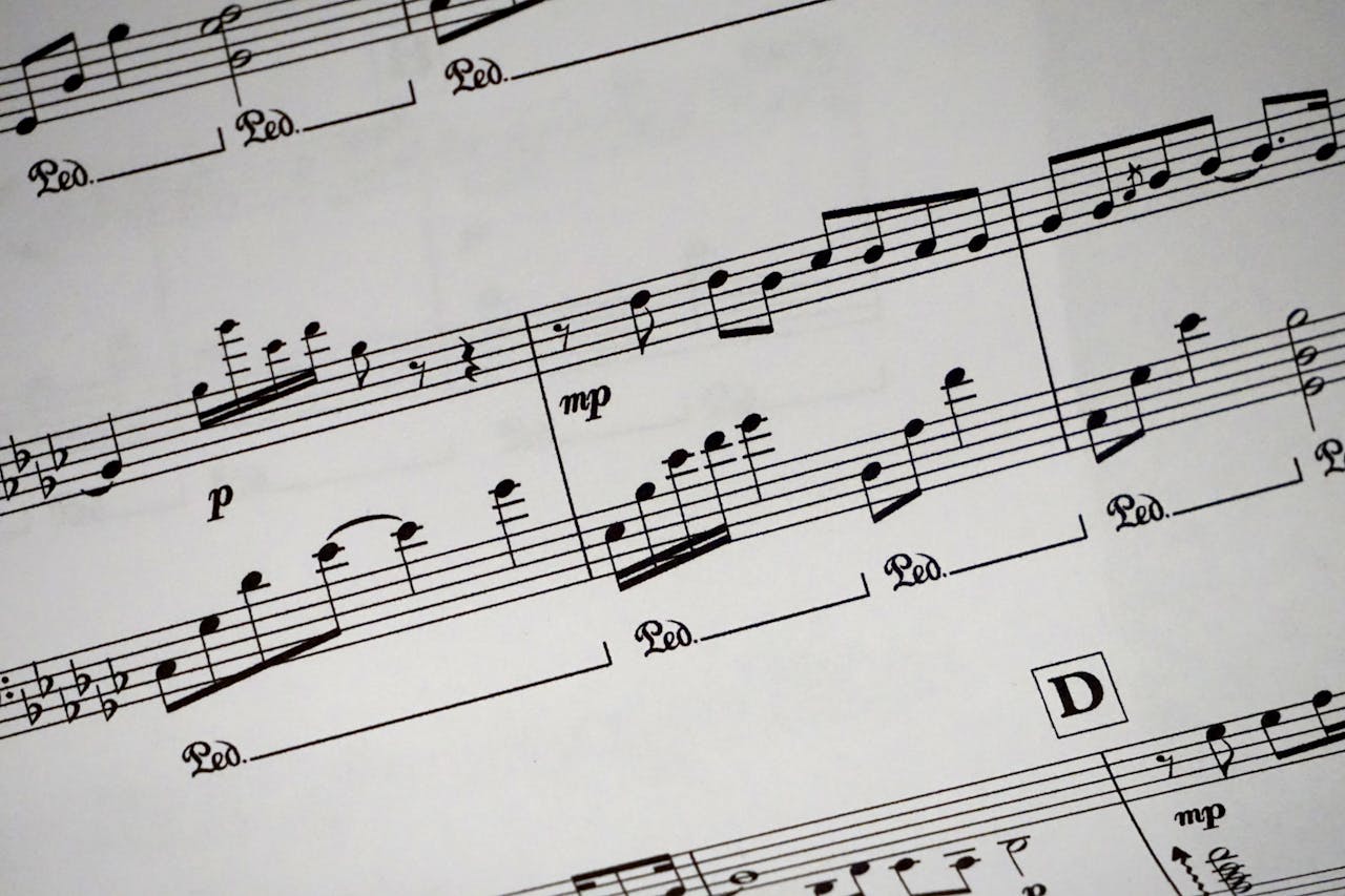 Close-up of a detailed musical sheet showcasing notes and symbols in black and white.